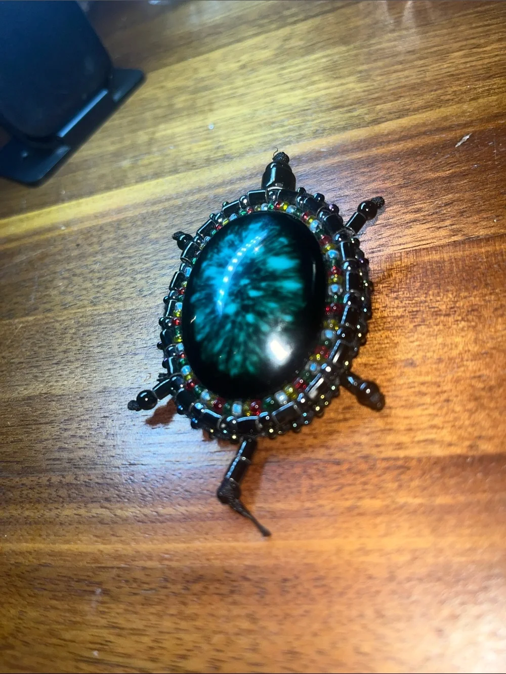 Handmade Teal Cabochon Turtle Beaded Brooch with Rainbow & Black Accents NEW